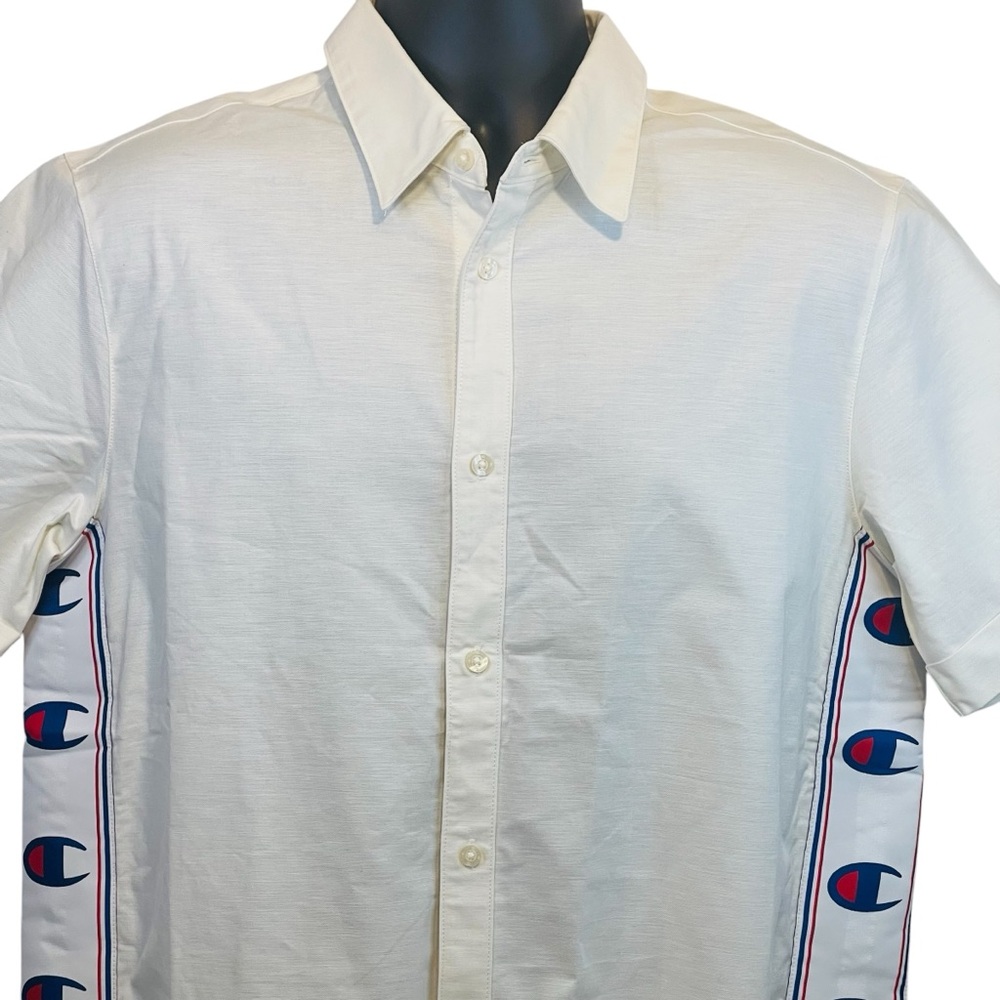 NEW Champion Casual Button Down Skate Logo Shirt Mens Medium Cotton Cream